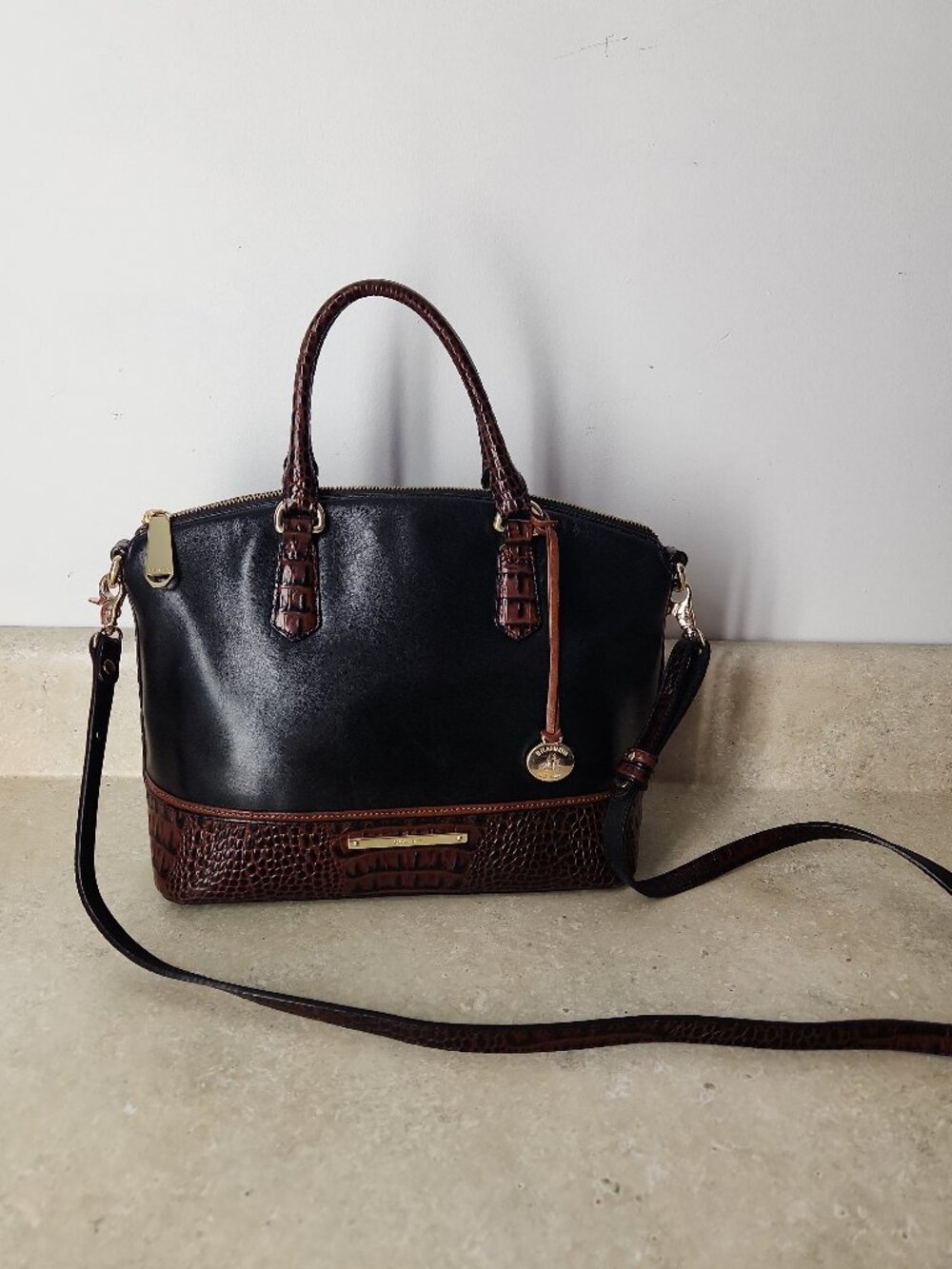 Vintage Brahmin Black Tuscan Leather Duxbury Satchel Bag Croc Crossbody